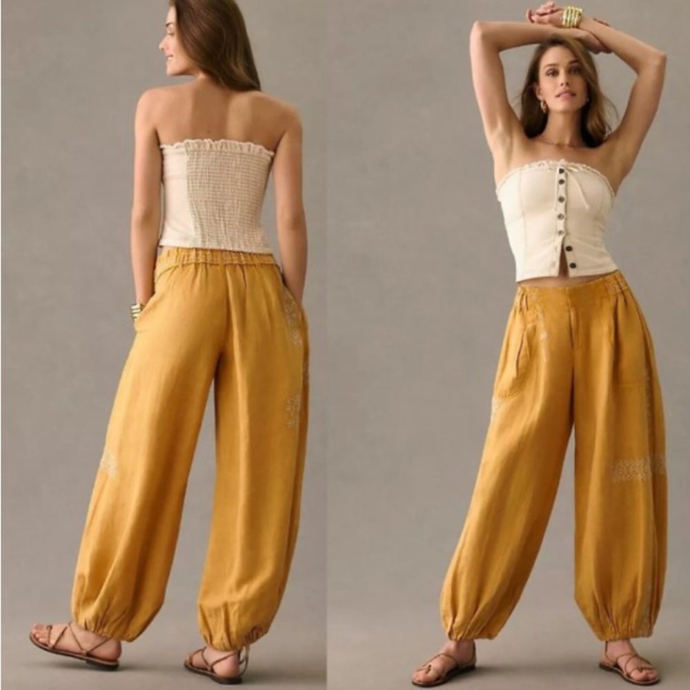 Anthropologie Linen Blend Embroidered Parachute Pants Size Small